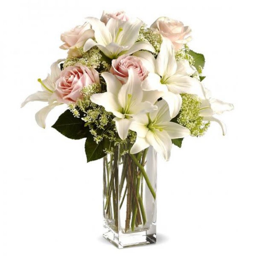 Vase with 5 Stems of White Lilies , 6 Stems of Off White Roses with Lady Lase or gypsophila