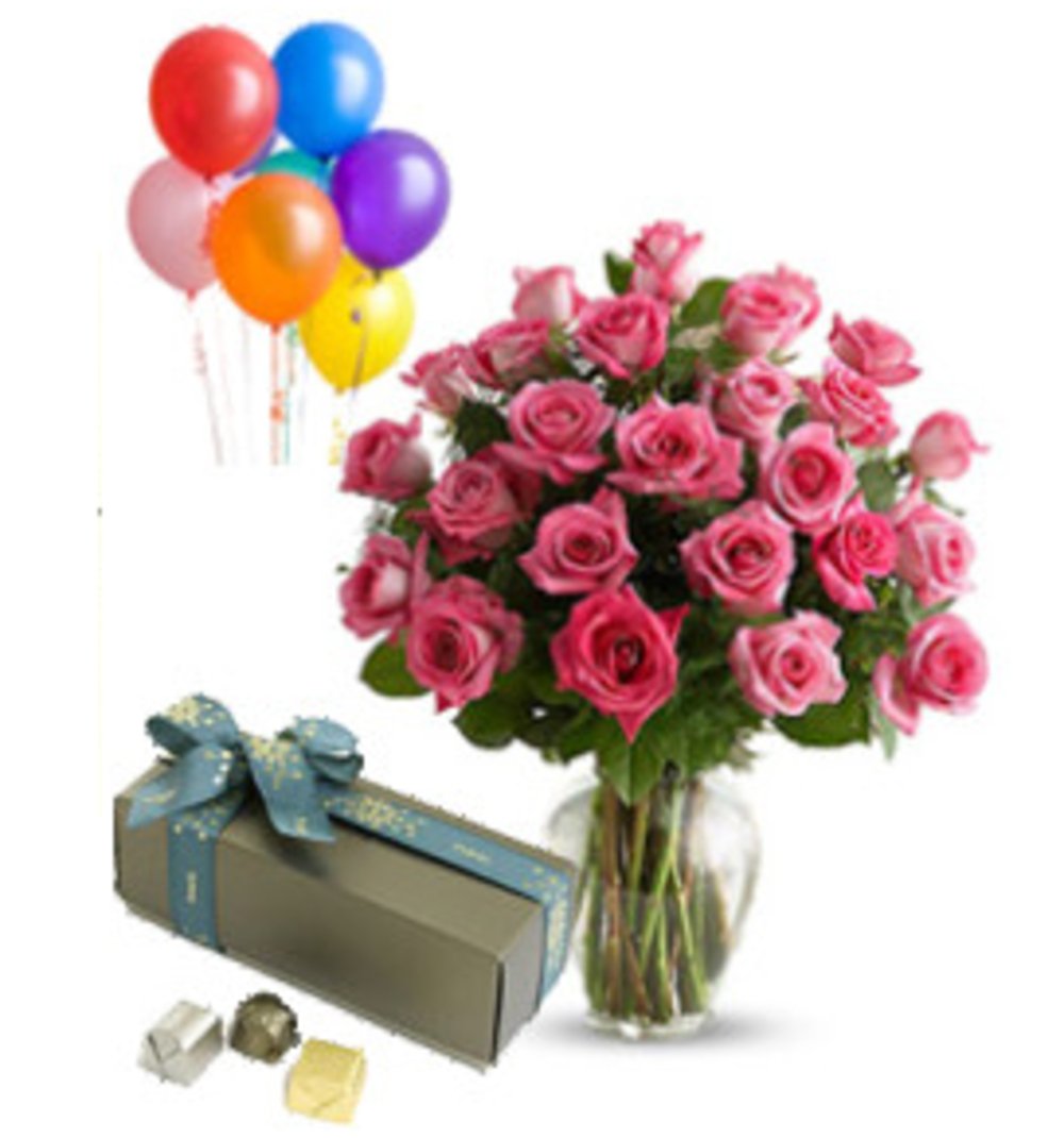 Flower Roses, Patchi & Balloons combo