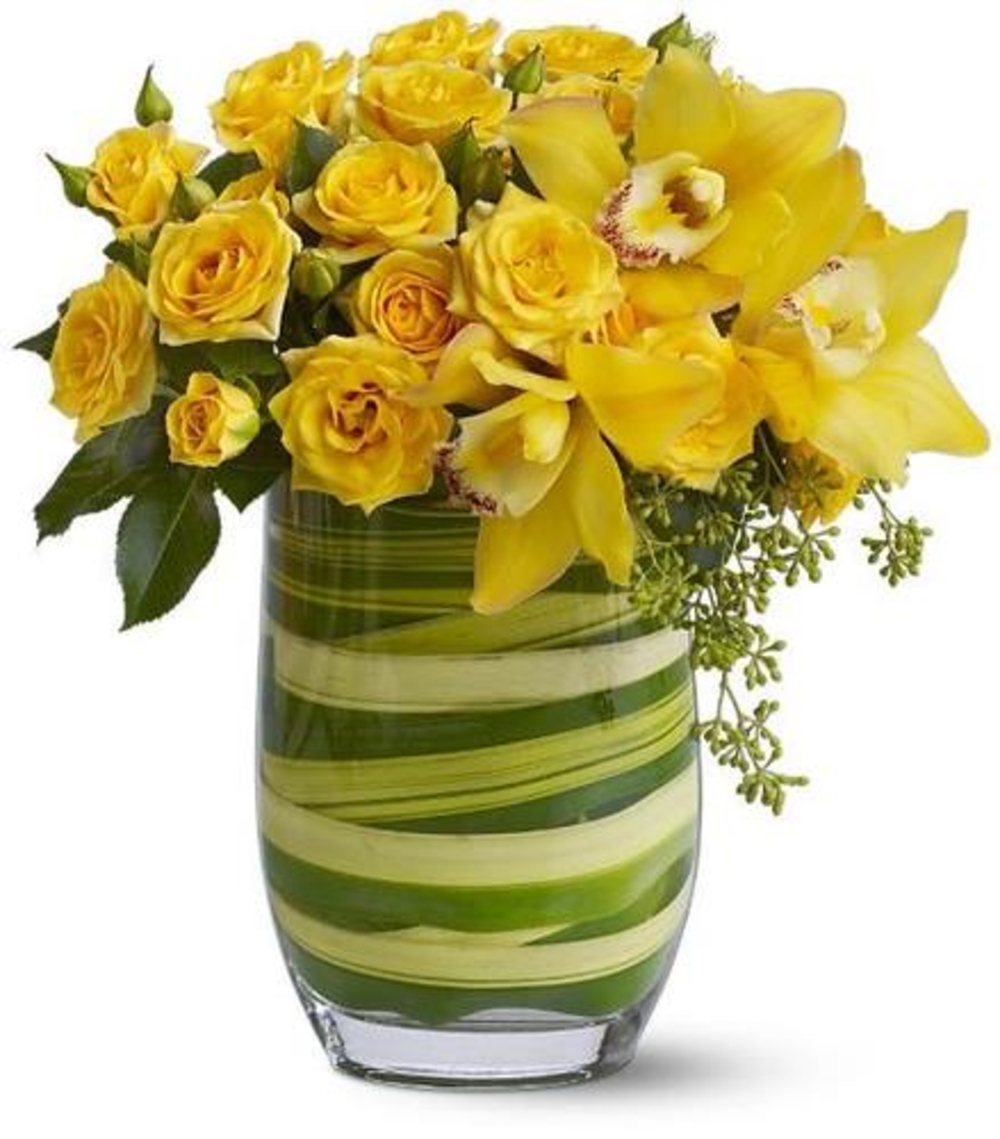 Vase with 15 Stems of Yellow Roses & Cymbidium Orchids
