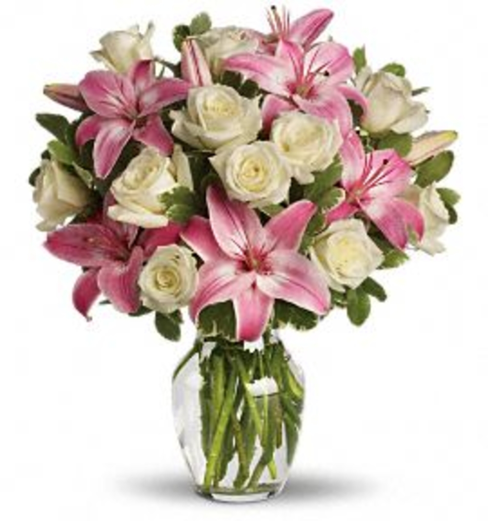 Vase with 5 Stems of Pink Lilies & 12 Stems of White White Roses With Greens