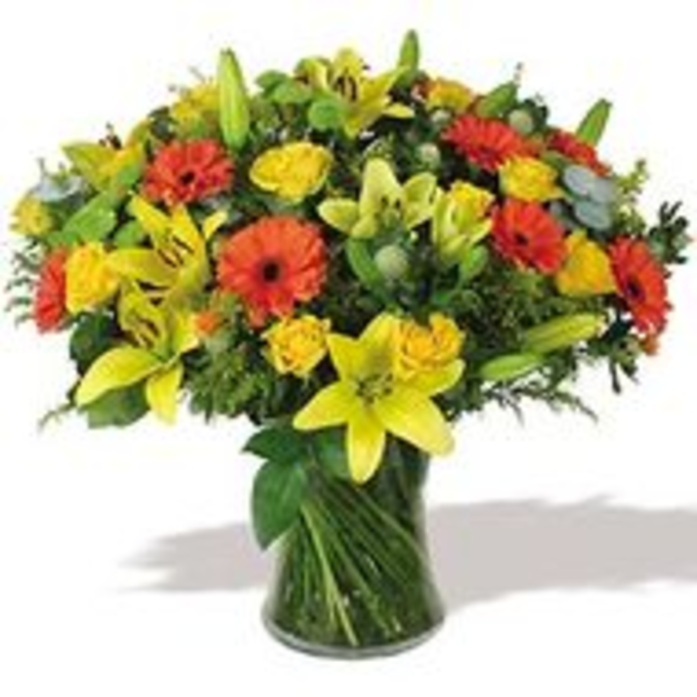 Vase with Yellow Roses , Orange Gerberas & Yellow Lilies